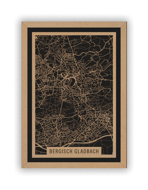 Stadtplan Bergisch Gladbach aus Holz – Wandbild in Natur mit Rahmen