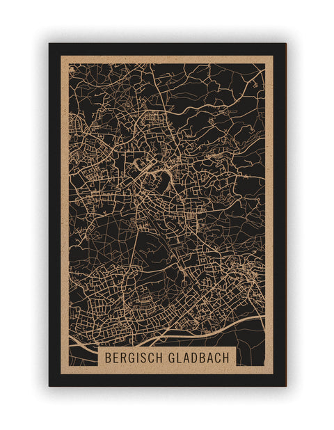 Stadtplan Bergisch Gladbach aus Holz – Wandbild in Natur ohne Rahmen
