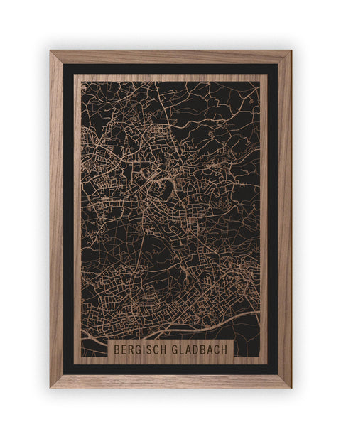 Stadtplan Bergisch Gladbach aus Holz – Wandbild in Nussbaum mit Rahmen