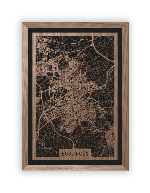 Stadtplan Böblingen aus Holz – Wandbild in Nussbaum mit Rahmen