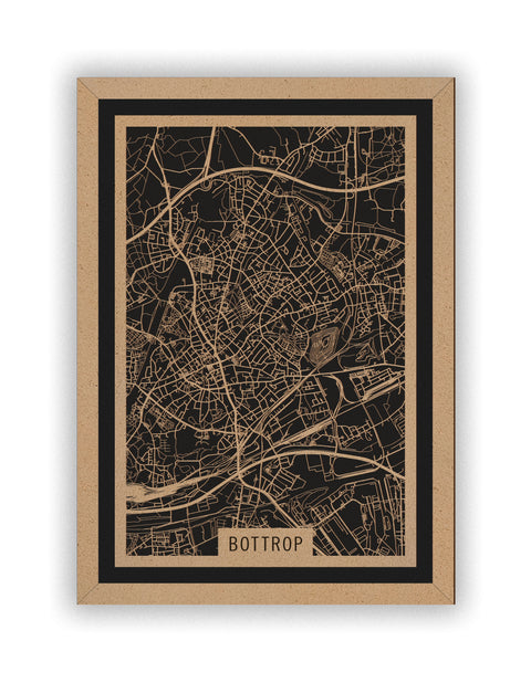 Stadtplan Bottrop aus Holz – Wandbild in Natur mit Rahmen
