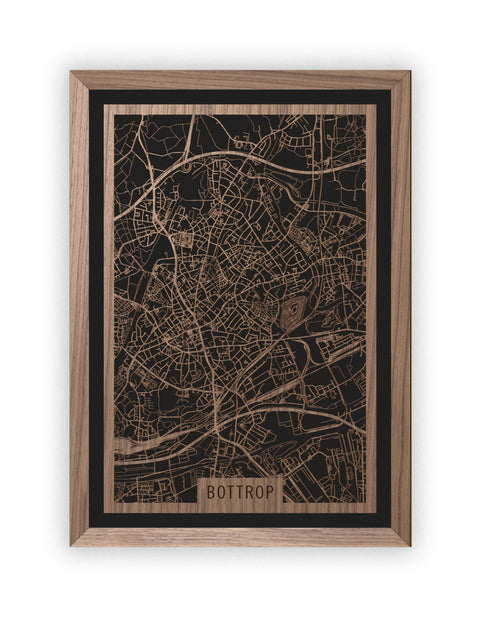 Stadtplan Bottrop aus Holz – Wandbild in Nussbaum mit Rahmen