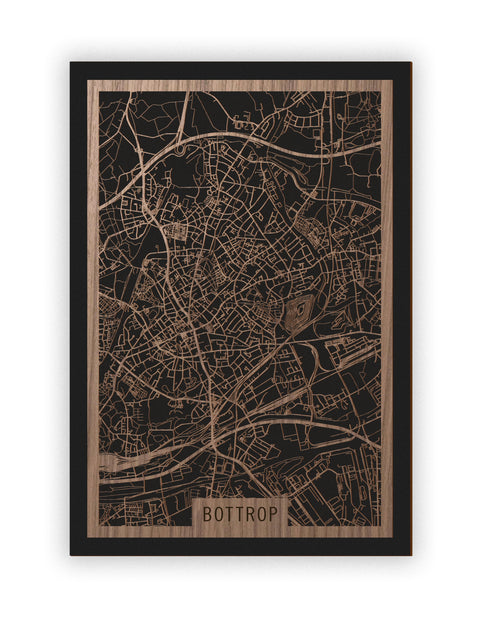 Stadtplan Bottrop aus Holz – Wandbild in Nussbaum ohne Rahmen