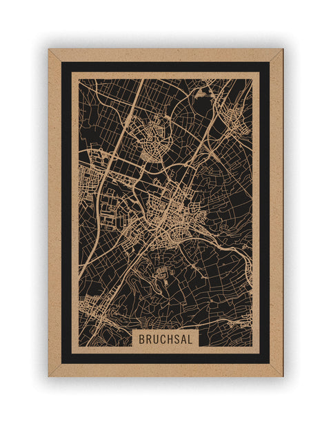 Stadtplan Bruchsal aus Holz – Wandbild in Natur mit Rahmen