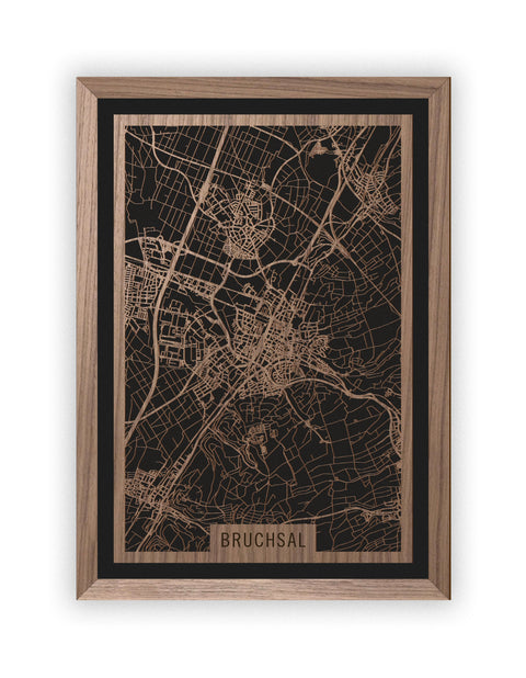 Stadtplan Bruchsal aus Holz – Wandbild in Nussbaum mit Rahmen