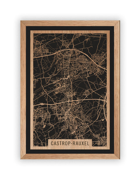 Stadtplan Castrop-Rauxel aus Holz – Wandbild in Eiche mit Rahmen