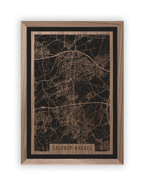 Stadtplan Castrop-Rauxel aus Holz – Wandbild in Nussbaum mit Rahmen