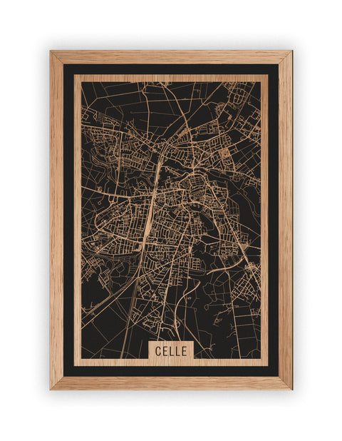 Stadtplan Celle aus Holz – Wandbild in Eiche mit Rahmen