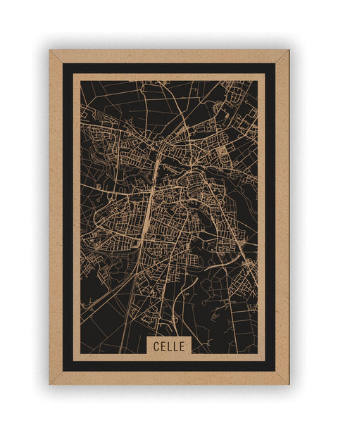 Stadtplan Celle aus Holz – Wandbild in Natur mit Rahmen