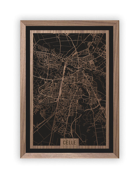 Stadtplan Celle aus Holz – Wandbild in Nussbaum mit Rahmen