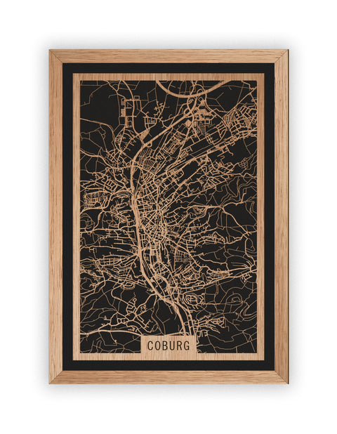 Stadtplan Coburg aus Holz – Wandbild in Eiche mit Rahmen