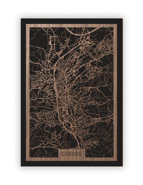 Stadtplan Coburg aus Holz – Wandbild in Nussbaum ohne Rahmen