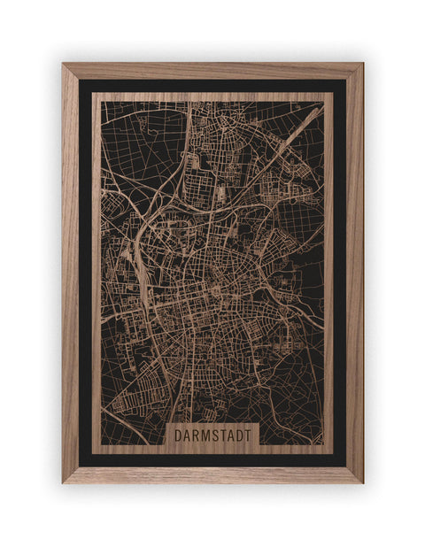 Stadtplan Darmstadt aus Holz – Wandbild in Nussbaum mit Rahmen
