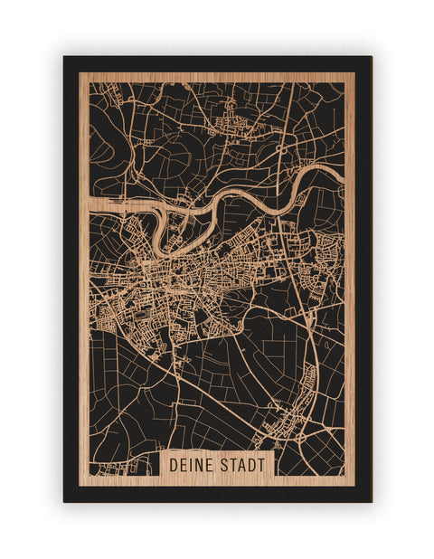 Stadtplan Deine Stadt aus Holz – Wandbild in Eiche ohne Rahmen