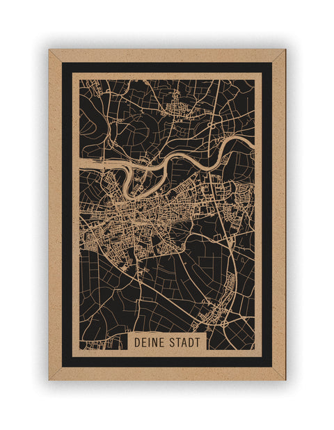 Stadtplan Deine Stadt aus Holz – Wandbild in Natur mit Rahmen