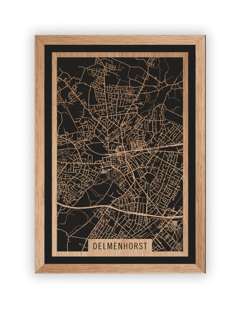 Stadtplan Delmenhorst aus Holz – Wandbild in Eiche mit Rahmen