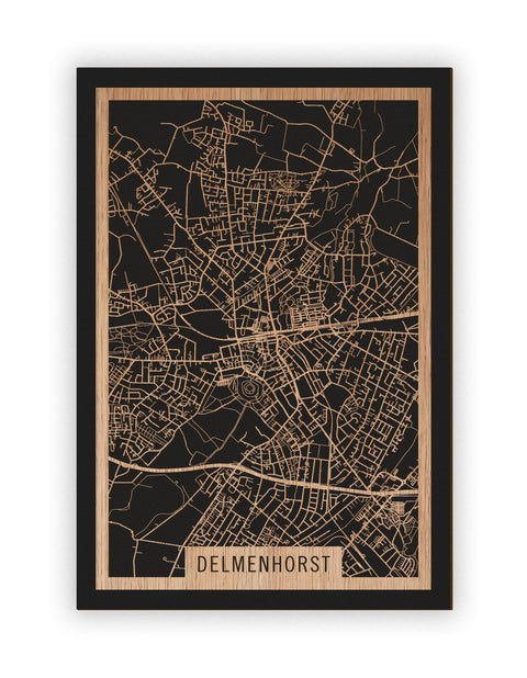 Stadtplan Delmenhorst aus Holz – Wandbild in Eiche ohne Rahmen