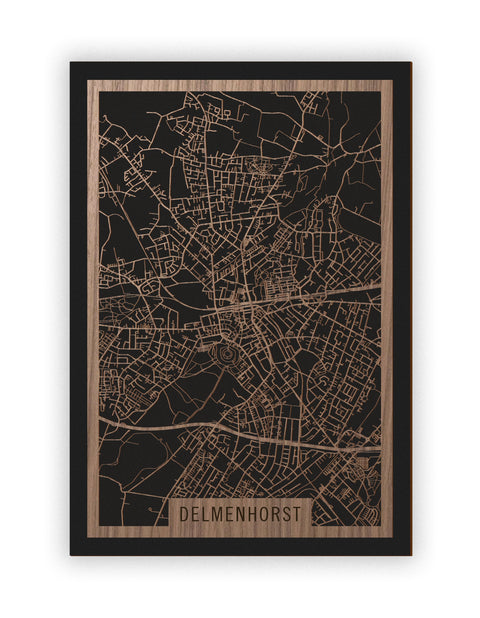 Stadtplan Delmenhorst aus Holz – Wandbild in Nussbaum ohne Rahmen