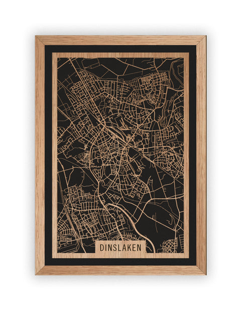 Stadtplan Dinslaken aus Holz – Wandbild in Eiche mit Rahmen