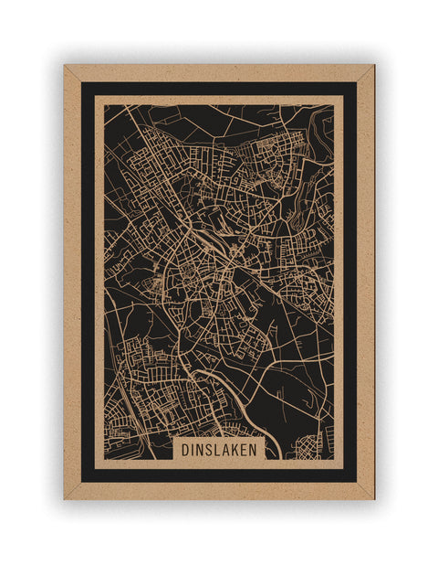 Stadtplan Dinslaken aus Holz – Wandbild in Natur mit Rahmen