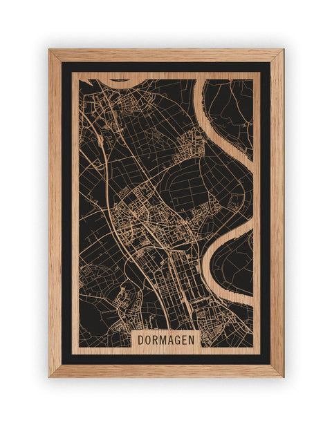 Stadtplan Dormagen aus Holz – Wandbild in Eiche mit Rahmen