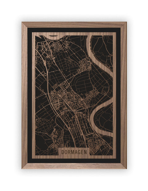 Stadtplan Dormagen aus Holz – Wandbild in Nussbaum mit Rahmen