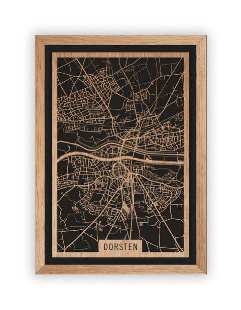 Stadtplan Dorsten aus Holz – Wandbild in Eiche mit Rahmen