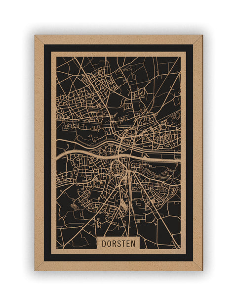Stadtplan Dorsten aus Holz – Wandbild in Natur mit Rahmen