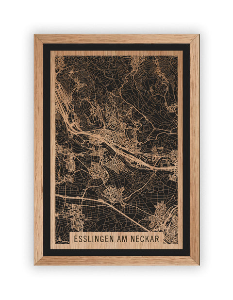 Stadtplan Esslingen am Neckar aus Holz – Wandbild in Eiche mit Rahmen