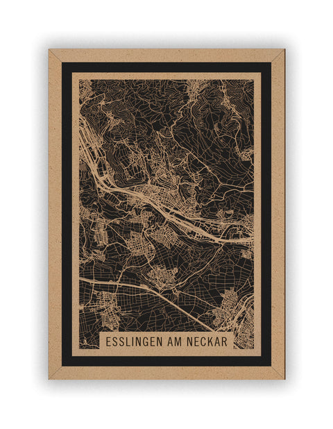 Stadtplan Esslingen am Neckar aus Holz – Wandbild in Natur mit Rahmen