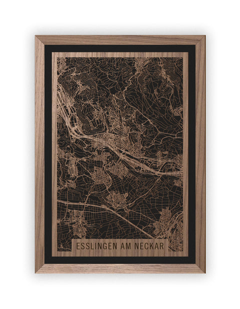 Stadtplan Esslingen am Neckar aus Holz – Wandbild in Nussbaum mit Rahmen