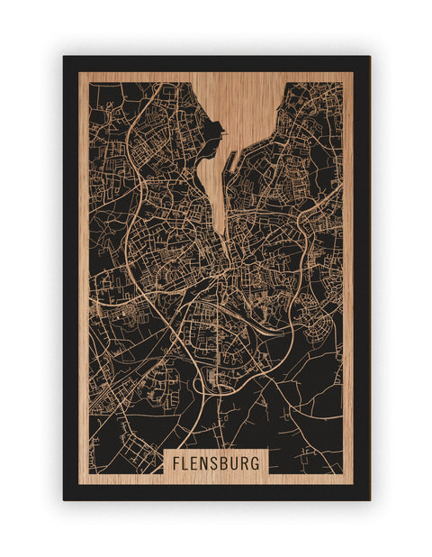 Stadtplan Flensburg aus Holz – Wandbild in Eiche ohne Rahmen