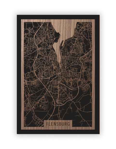 Stadtplan Flensburg aus Holz – Wandbild in Nussbaum ohne Rahmen