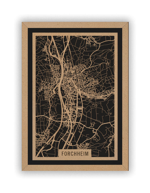 Stadtplan Forchheim aus Holz – Wandbild in Natur mit Rahmen