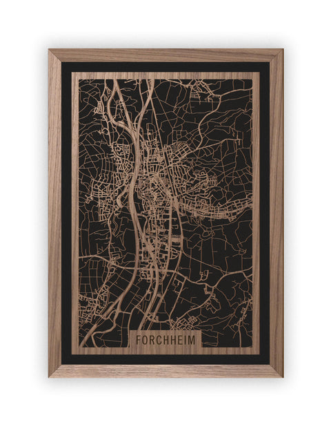 Stadtplan Forchheim aus Holz – Wandbild in Nussbaum mit Rahmen