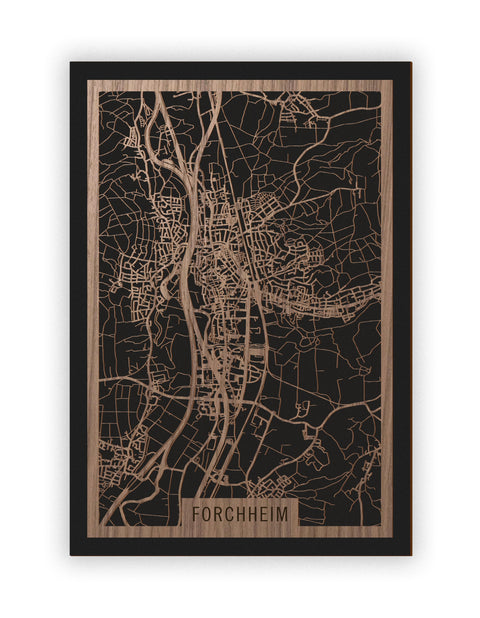 Stadtplan Forchheim aus Holz – Wandbild in Nussbaum ohne Rahmen