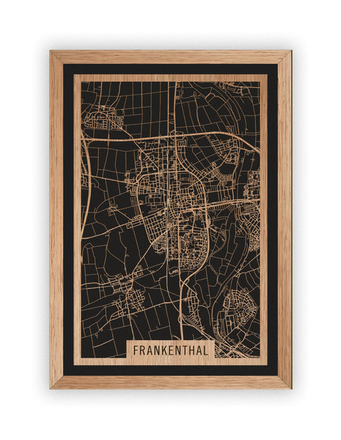 Stadtplan Frankenthal aus Holz – Wandbild in Eiche mit Rahmen