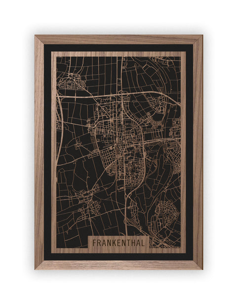 Stadtplan Frankenthal aus Holz – Wandbild in Nussbaum mit Rahmen