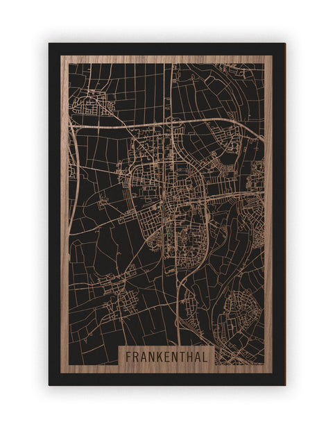 Stadtplan Frankenthal aus Holz – Wandbild in Nussbaum ohne Rahmen