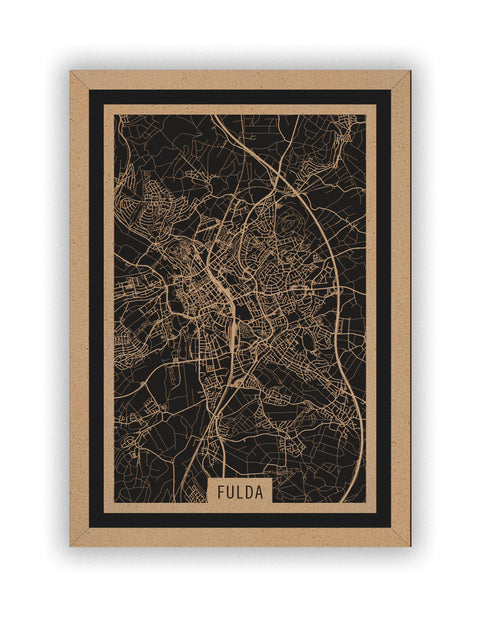 Stadtplan Fulda aus Holz – Wandbild in Natur mit Rahmen