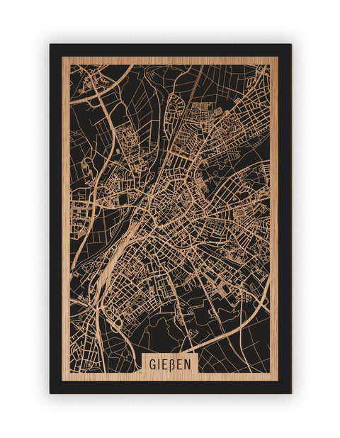 Stadtplan Gießen aus Holz – Wandbild in Eiche ohne Rahmen