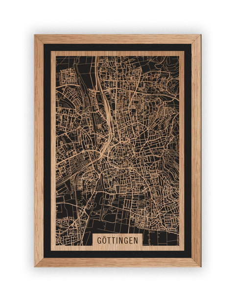 Stadtplan Göttingen aus Holz – Wandbild in Eiche mit Rahmen