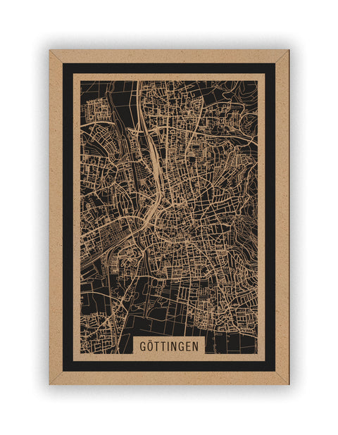 Stadtplan Göttingen aus Holz – Wandbild in Natur mit Rahmen