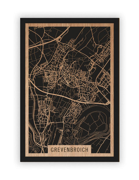 Stadtplan Grevenbroich aus Holz – Wandbild in Eiche ohne Rahmen
