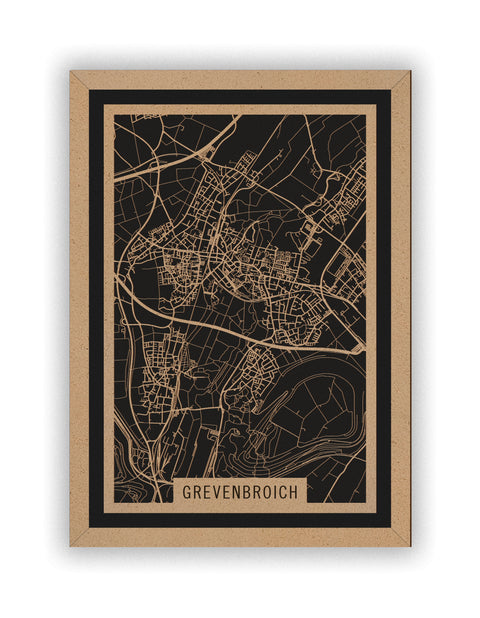 Stadtplan Grevenbroich aus Holz – Wandbild in Natur mit Rahmen