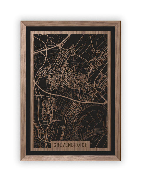 Stadtplan Grevenbroich aus Holz – Wandbild in Nussbaum mit Rahmen