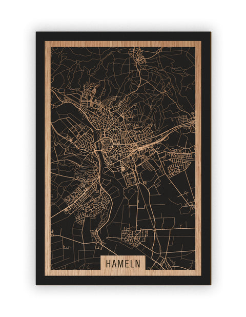 Stadtplan Hameln aus Holz – Wandbild in Eiche ohne Rahmen
