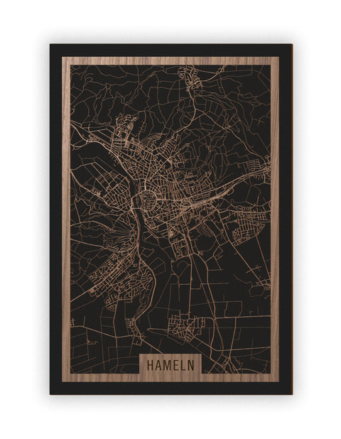 Stadtplan Hameln aus Holz – Wandbild in Nussbaum ohne Rahmen