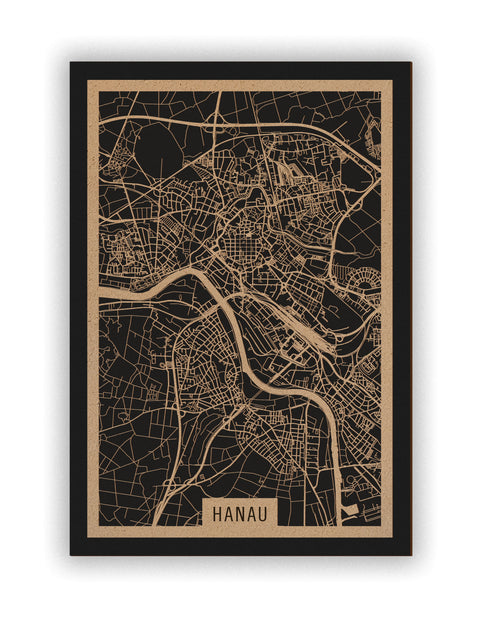 Stadtplan Hanau aus Holz – Wandbild in Natur ohne Rahmen