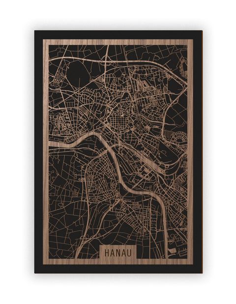 Stadtplan Hanau aus Holz – Wandbild in Nussbaum ohne Rahmen